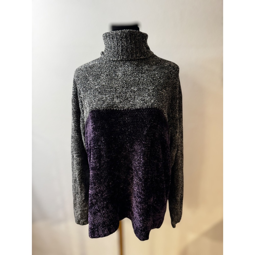 Vintage Retro 80s Womens Chunky Knit Colorblock Turtleneck Sweater Purple Gray